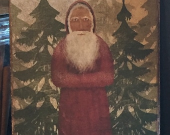 May include: A vintage folk art painting of a bearded Santa Claus in a red robe standing between two green pine trees. The painting is on a brown background with the text "Belnickle Waynted 1823" at the bottom.