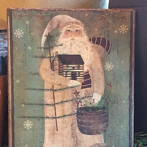 Handmade Folk Art Primitive Christmas Santa with Log Cabin and Feather Tree Print on Canvas Board 5x7" or 8x10"