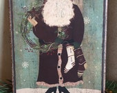 Handmade Folk Art Primitive Christmas Santa with Wreath and Stockings Print on Canvas Board 5x7 quot or 8x10 quot