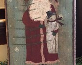Handmade Folk Art Primitive Christmas Santa with Snowman and Feather Tree Print on Canvas Board 5x7 quot or 8x10 quot