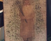 Handmade Folk Art Primitive Christmas Tree Santa in White Print on Canvas Board 5x7 quot or 8x10 quot