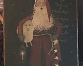 Handmade Folk Art Primitive Christmas Santa Claus with Sheep, Lantern, and Tree Print on Canvas Board 5x7 quot or 8x10 quot