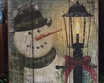 Primitive Distressed Christmas Winter Snowman Let it Snow Folk Art PRINT 8x10