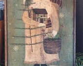 Handmade Folk Art Primitive Christmas Santa with Log Cabin and Feather Tree Print on Canvas Board 5x7 quot or 8x10 quot