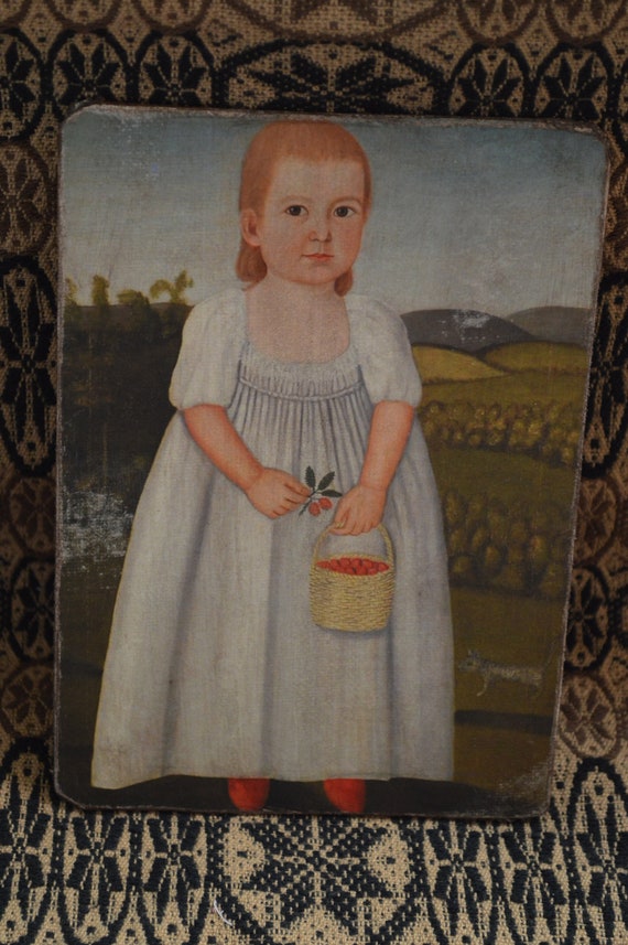 Antique Reproduction Primitive Folk Art Girl w Sheep Print on Canvas Board 8x10/"