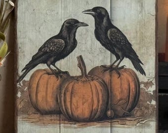 Primitive Crow Pumpkins Fall Autumn Harvest Halloween Vintage Handmade Print on Canvas Panel 8x10"