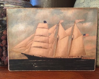 Handmade  Antique Reproduction Primitive Ship with American Flag Folk Art Colonial Print on Canvas Board 5x7"
