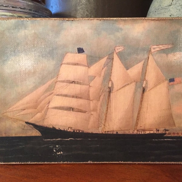 Handmade  Antique Reproduction Primitive Ship with American Flag Folk Art Colonial Print on Canvas Board 5x7"