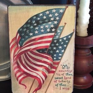 Handmade Independence Day Antique Reproduction Primitive Vintage American Flag My Country Tis of Thee Print on Canvas Board 5x7&quot;
