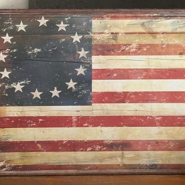 Handmade Betsy Ross Flag  Independence Day Patriotic Primitive Vintage 4th of July Americana 13 Star Print on Canvas Board 8x10"