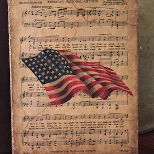 Handmade Independence Day Primitive Vintage 4th of July Star Spangled Banner Flag Americana National Anthem Print on Canvas Board 5x7"