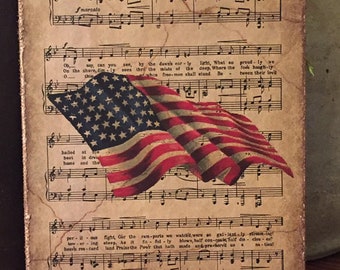 Handmade Independence Day Primitive Vintage 4th of July Star Spangled Banner Flag Americana National Anthem Print on Canvas Board 5x7"