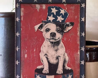 Handmade Independence Day Patriotic Primitive Dog 4th of July Retro Vintage American Americana Print on Canvas Board 5x7 or 8x10"