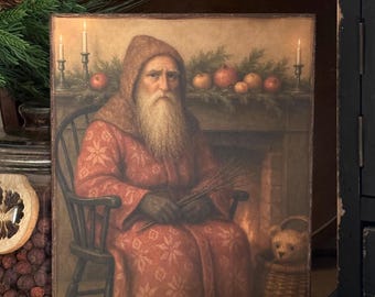 Handmade Primitive Belsnickel Santa Colonial Folk Art Christmas Bear Old World Print on Canvas Panel 5x7" or 8x10”