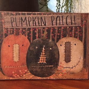Handmade Primitive Folk Art Fall Pumpkin Patch Jack O Lanterns Autumn Halloween Print on Canvas Board 5x7&quot; or 8x10&quot;
