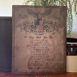 Handmade Independence Day Primitive American National Anthem Star Spangled Banner July 4th Eagle Flag Print on Canvas Board 5x7 or 8x10&quot;