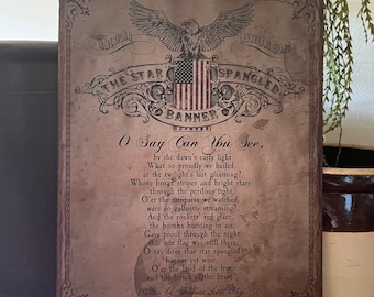 Handmade Independence Day Primitive American National Anthem Star Spangled Banner July 4th Eagle Flag Print on Canvas Board 5x7 or 8x10"