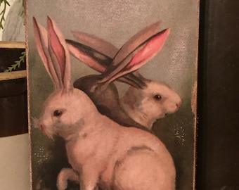 Handmade Antique Reproduction Primitive Folk Art Easter Spring Three Bunny Rabbits Vintage Print on Canvas Board 5x7"