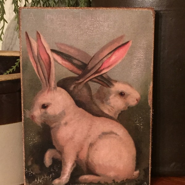 Handmade Antique Reproduction Primitive Folk Art Easter Spring Three Bunny Rabbits Vintage Print on Canvas Board 5x7"