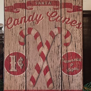 Handmade Folk Art Primitive Vintage Style Candy  Cane Sign Print on Canvas Board  8x10&quot;