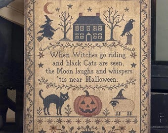 Primitive Halloween Witch Black Cat Jack O Lantern Folkart Faux Cross Stitch Handmade Fall Vintage Print on Canvas Panel  8x10”