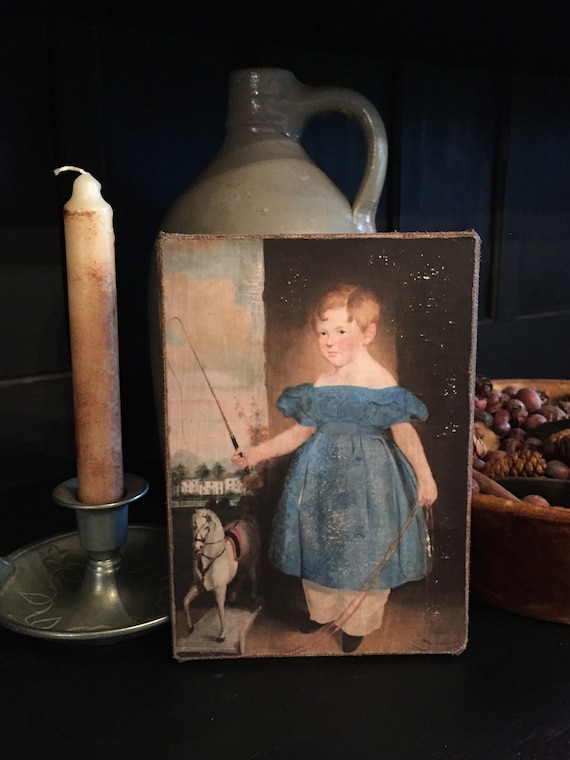 Vintage Antique Repro Valentines Girl Umbrella Heart Print on Canvas Board 5x7/"