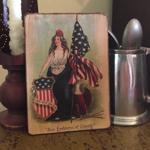 Handmade Independence Day Antique Reproduction Primitive Lady Liberty with Eagle & Flag  Print on Canvas Board 5x7"