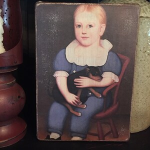 Handmade Boy with Dog Antique Reproduction Primitive Folk Art Colonial Print on Canvas Board 5x7" or 8x10" image 2
