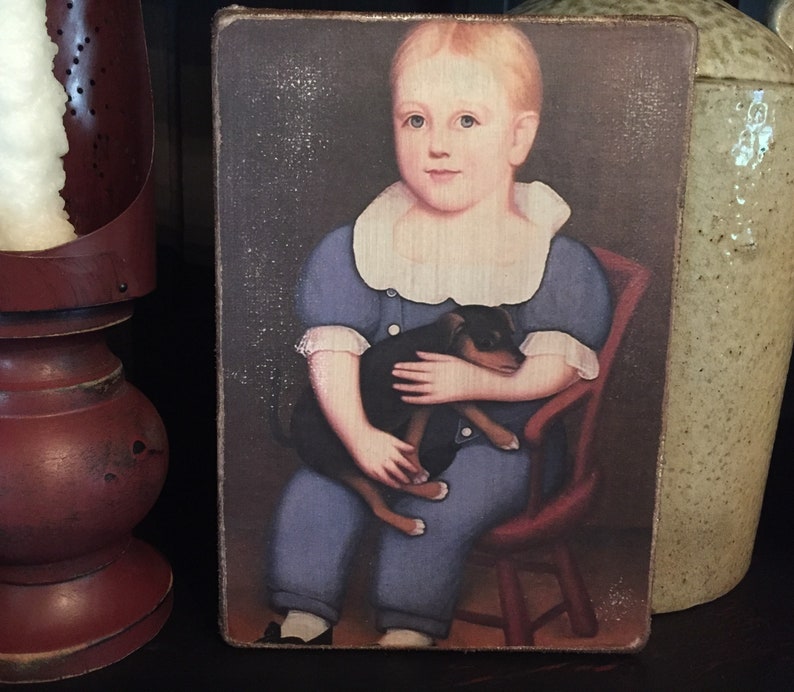 Handmade Boy with Dog Antique Reproduction Primitive Folk Art Colonial Print on Canvas Board 5x7" or 8x10" image 2