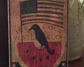 Handmade Primitive Folk Art Watermelon with Crow Summer American Flag Patriotic Print on Canvas Board 5x7&quot; or 8x10&quot;