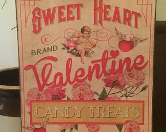 Handmade Antique Vintage Style Valentines Day Sweet Heart Candy Label/ Sign Cupid Flowers Print on Canvas 5x7" or 8x10"