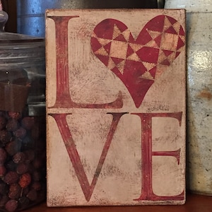 Handmade Primitive Folk Art Valentines Day LOVE Quilt Heart Print on Canvas Board 5x7" or  8x10"