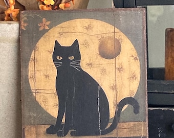 Handmade Primitive Black Cat Moon Folk Art Farmhouse Country Print on Canvas Board 5x7" or 8x10"
