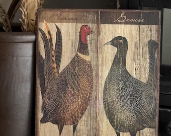 Handmade Primitive Pheasant Grouse Fall Thanksgiving Autumn Bird Vintage Print on Canvas Board  8x10"