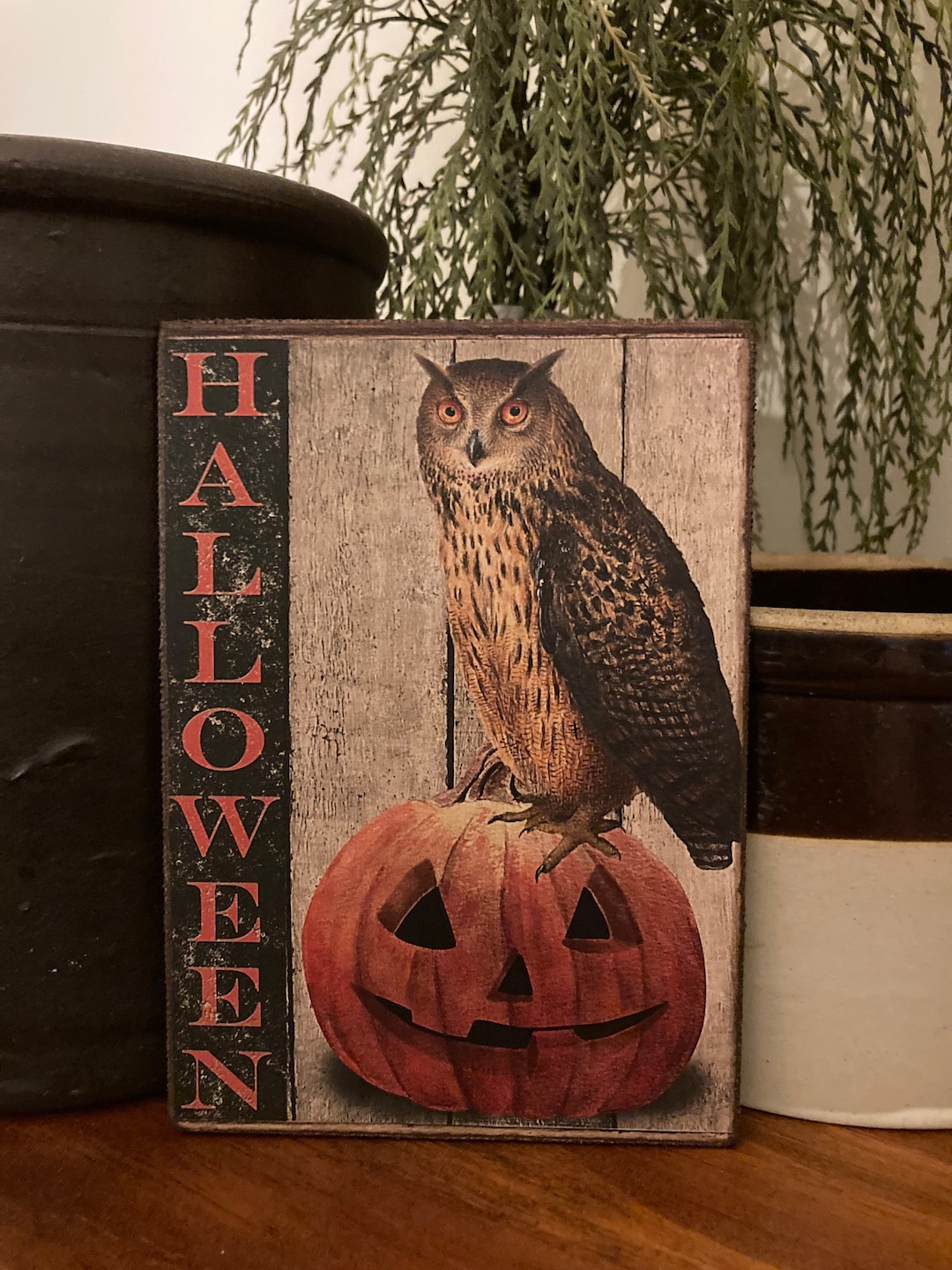 Handmade Vintage Style Halloween Owl Jack O Lantern Pumpkin Print on ...