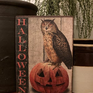 Handmade Vintage Style Halloween Owl Jack O Lantern Pumpkin Print on Canvas Board 5x7" or 8x10"