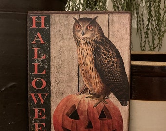 Handmade Vintage Style Halloween Owl Jack O Lantern Pumpkin Print on Canvas Board 5x7" or 8x10"
