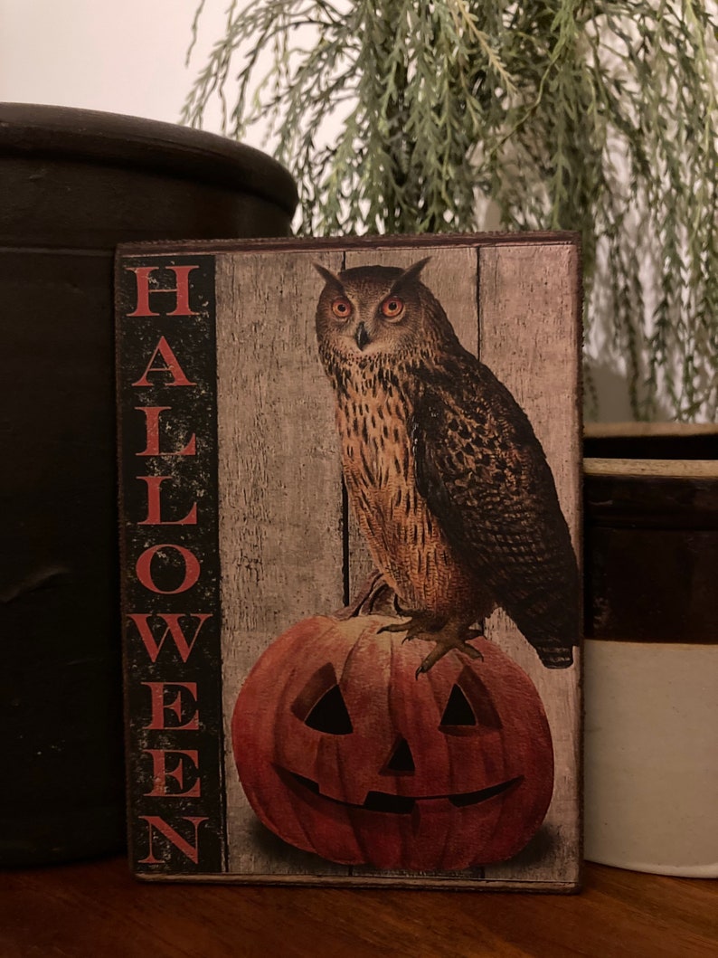 Handmade Vintage Style Halloween Owl Jack O Lantern Pumpkin Print on ...