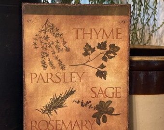 Handmade Garden Herbs Thyme, Parsley, Sage, Rosemary Primitive Farmhouse Print on Canvas Board 5x7&quot; or 8x10&quot;
