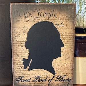 Handmade George Washington Silhouette Independence Day Primitive Vintage 4th of July Americana Constitution  Print on Canvas Board 5x7&quot;