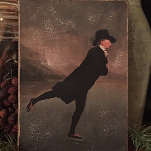 Handmade Antique Reproduction Primitive Christmas Ice skating Minister Winter Print on Canvas Board 5x7" or 8x10"