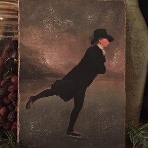 May include: A vintage-style painting of a person ice skating on a frozen lake. The person is wearing a black coat and hat, and the background is a snowy landscape.