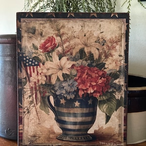 Handmade Flowers Flag Teacup Independence Day Patriotic Primitive Vintage 4th of July Americana Print on Canvas Board 5x7 or 8x10&quot;