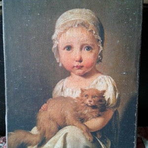 Handmade Antique Reproduction Primitive Folk Art Colonial Girl with Cat Print on Canvas Board 5x7"