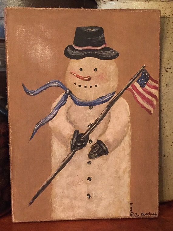 Primitive Distressed Christmas Winter Snowman Let it Snow Folk Art PRINT 8x10