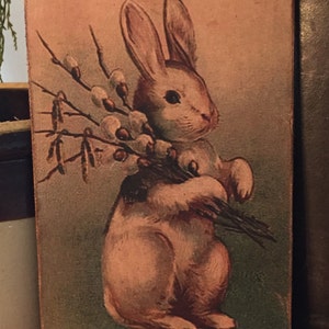 Handmade Antique Reproduction Primitive Folk Art White Bunny Rabbit with Willow Branches Print on Canvas Board 5x7&quot;