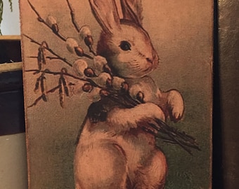 Handmade Antique Reproduction Primitive Folk Art White Bunny Rabbit with Willow Branches Print on Canvas Board 5x7"