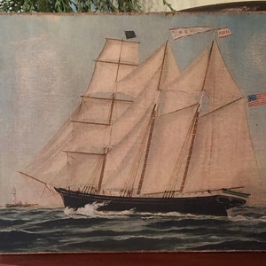 Handmade  Antique Reproduction Primitive Ship with American Flag Folk Art Colonial Print on Canvas Board 8x10"