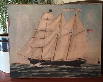 Handmade  Antique Reproduction Primitive Ship with American Flag Folk Art Colonial Print on Canvas Board 8x10"