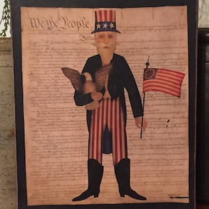 Handmade Primitive Folk Art Uncle Sam American Constitution Bald Eagle Flag Patriotic Print on Canvas Board 8x10"